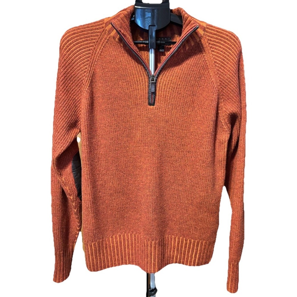 Robert Talbott Mens XL‎ Merino Wool Ribbed Orange Sweater 1/4 Zip Elbow Patches